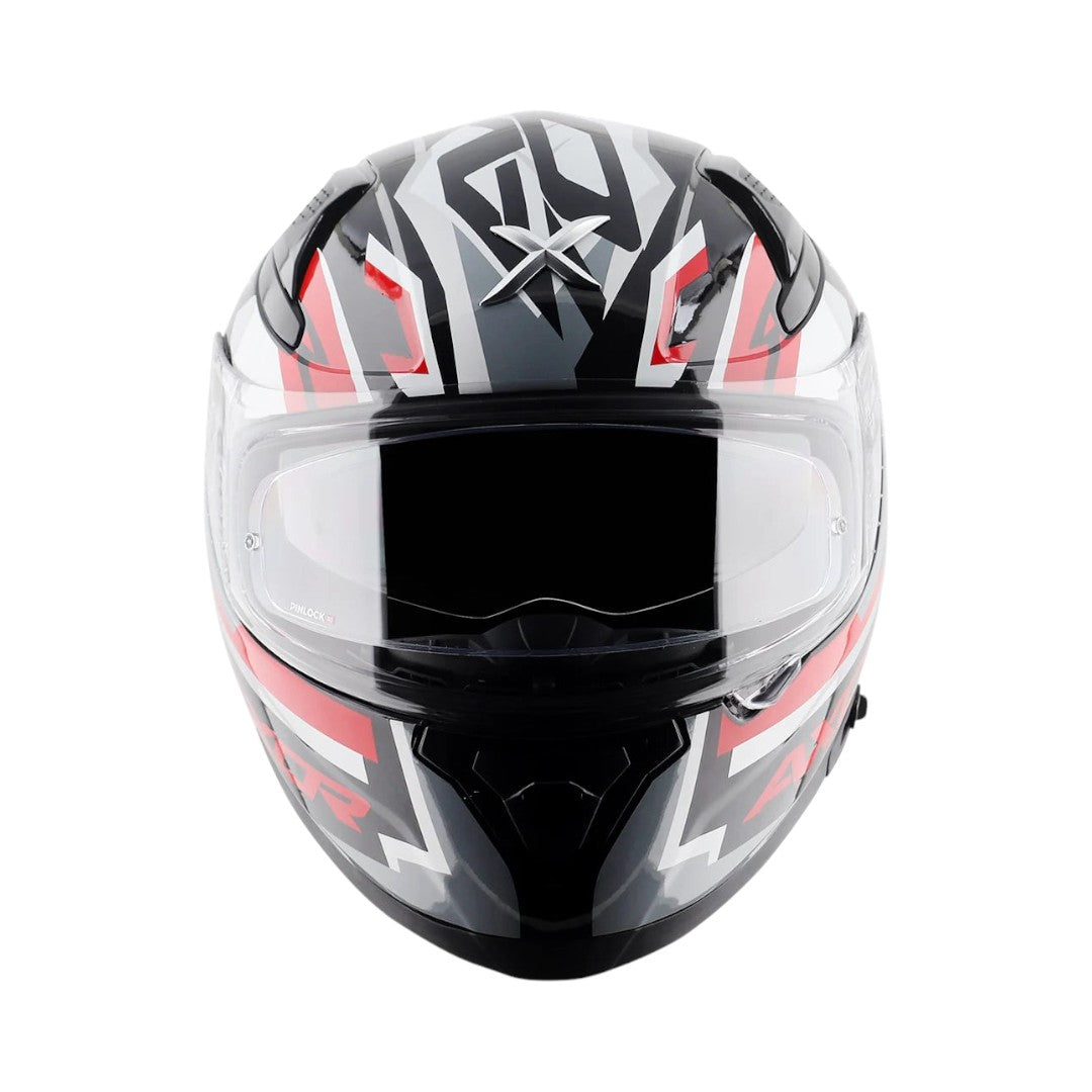Motodrift Axor Apex Streak full-face motorcycle helmet in black, white, and red with futuristic prism graphic design.