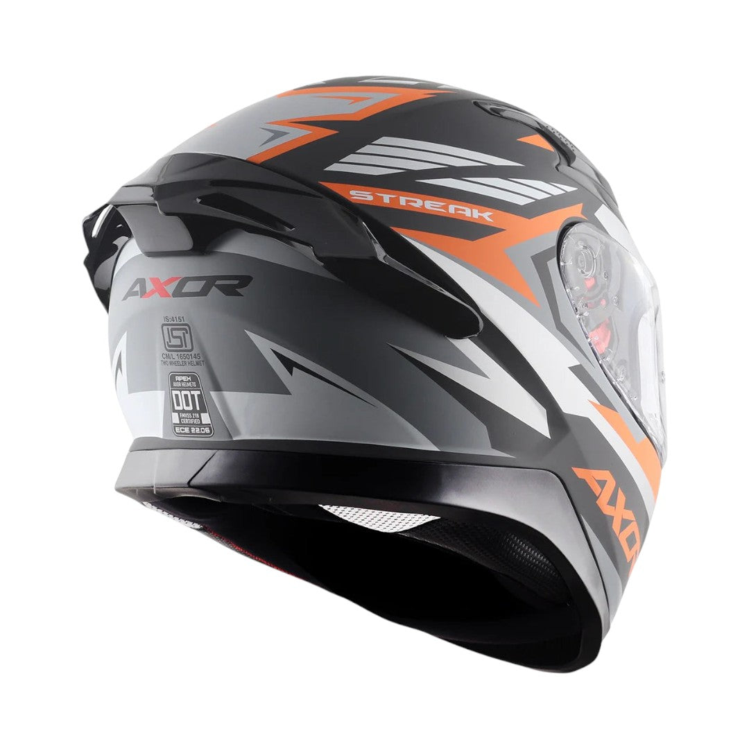 Motodrift Axor Apex Streak full-face motorcycle helmet in grey and orange with angular graphic design and rear spoiler