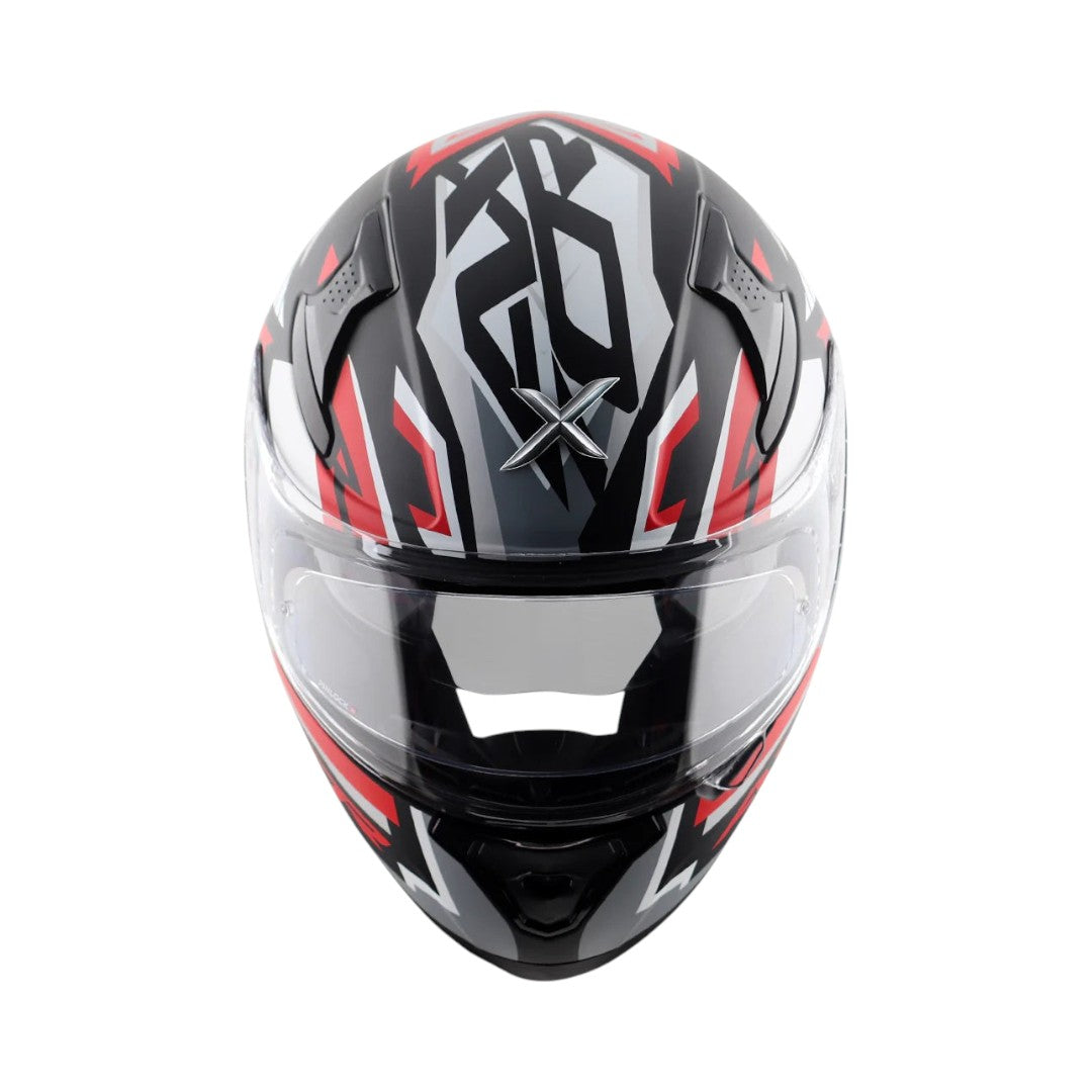 Motodrift Axor Apex Streak full-face helmet in black, grey, and red with a futuristic angular prism graphic design
