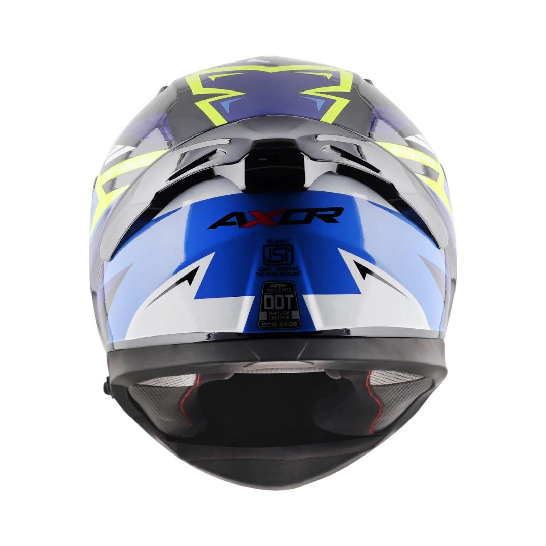Motodrift Axor Apex Streak full-face motorcycle helmet in blue, black, and neon yellow with angular prism graphics