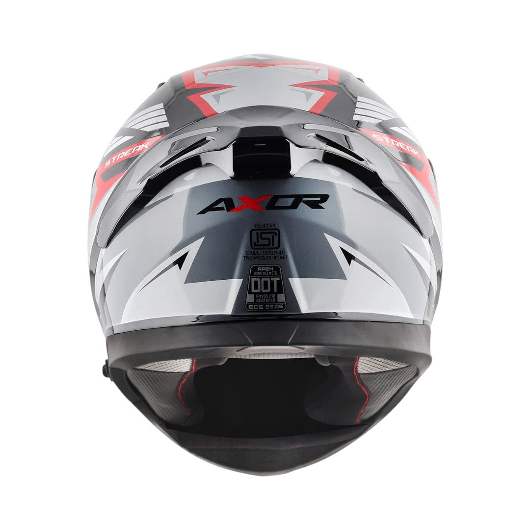 Motodrift Axor Apex Streak full-face motorcycle helmet in black, grey, and red with futuristic angular graphics