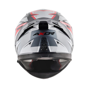 Motodrift Axor Apex Streak full-face motorcycle helmet in black, grey, and red with futuristic angular graphics