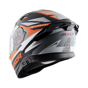 Motodrift Axor Apex Streak full-face motorcycle helmet in black, grey, and orange with angular prism graphic design
