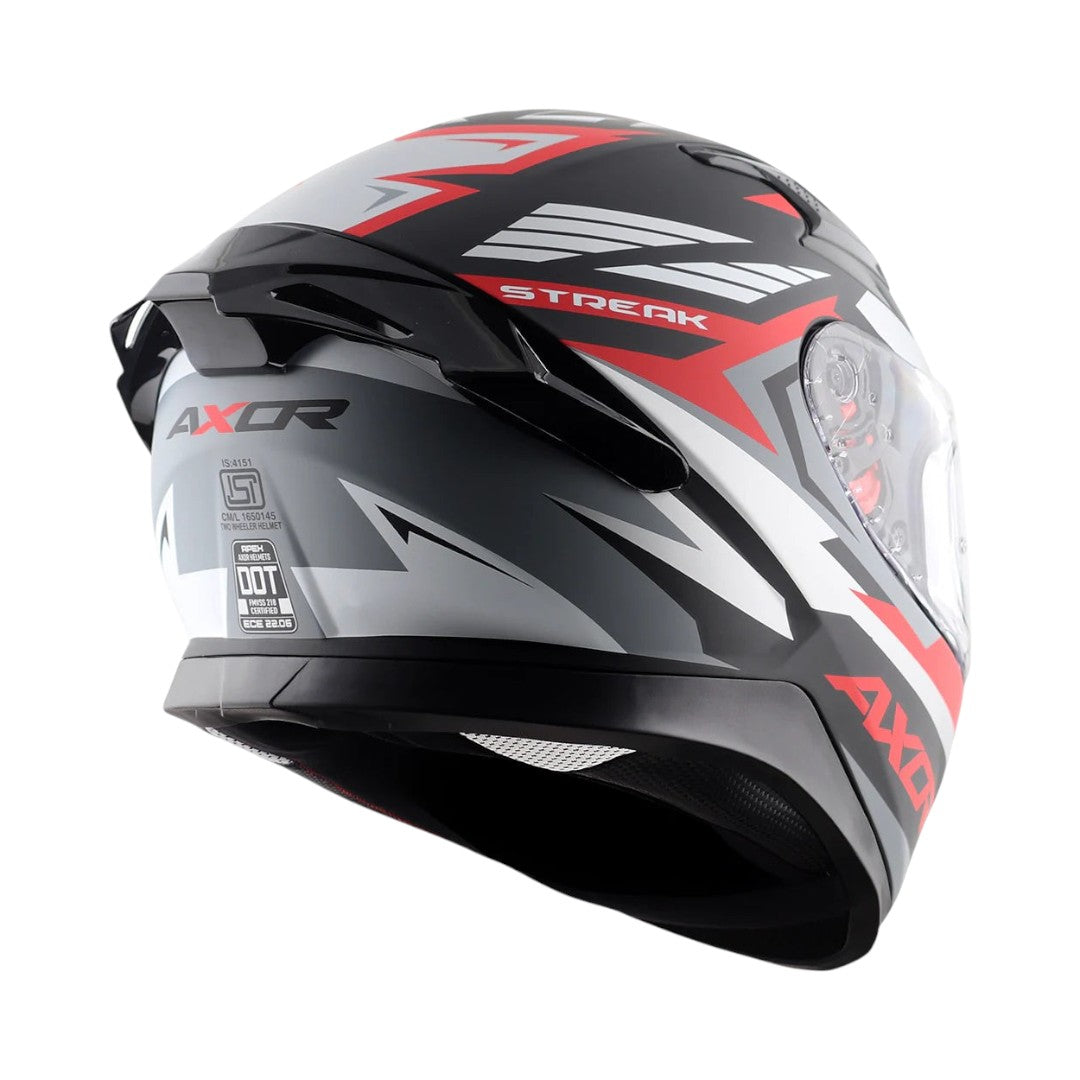 Motodrift Axor Apex Streak full-face motorcycle helmet in black, grey, and red with angular prism graphic design