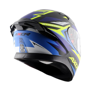 Motodrift Axor Apex Streak full-face motorcycle helmet in blue, black, and neon yellow with angular prism graphics.