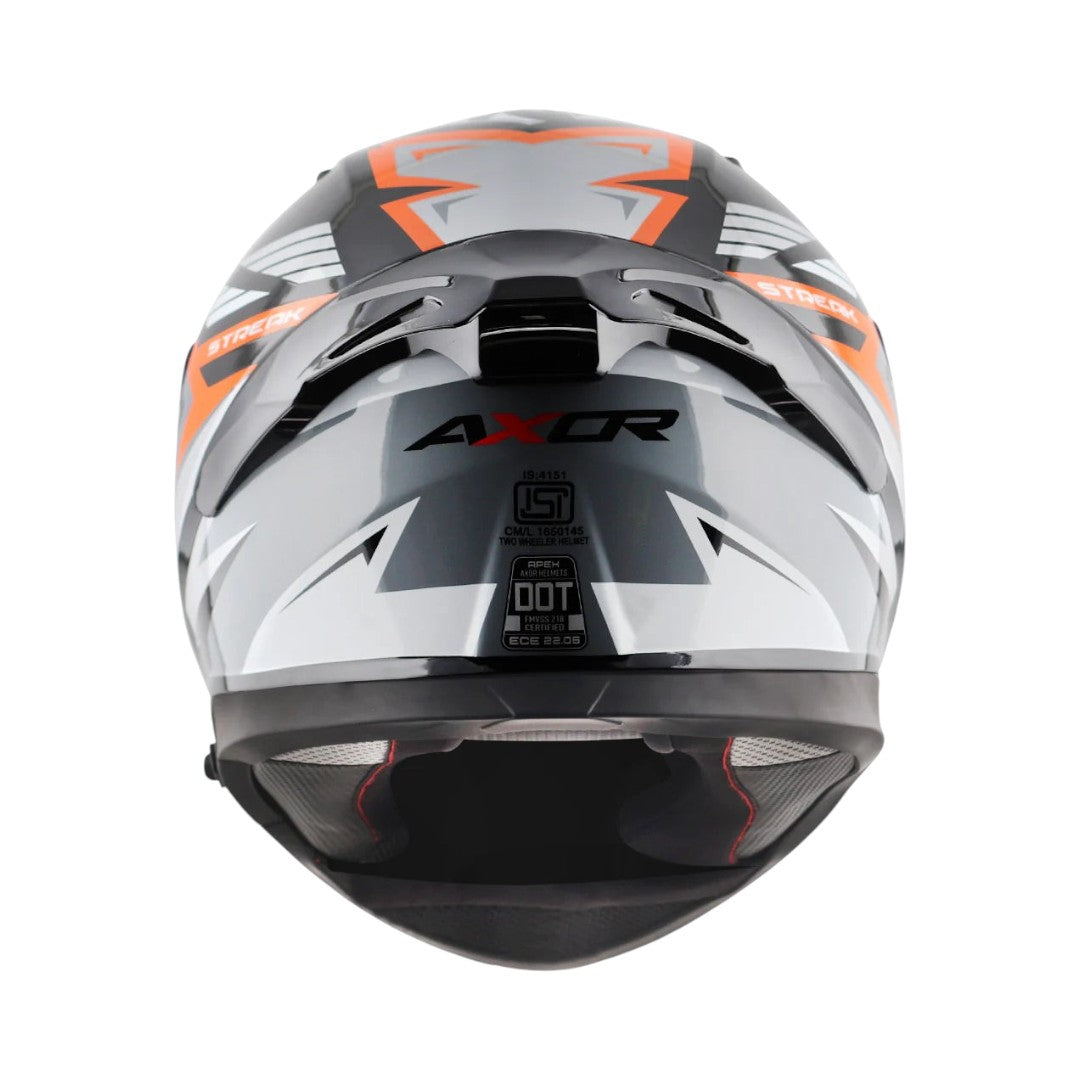 Rear view of Motodrift Axor Apex Streak full-face helmet featuring grey, black, and orange angular graphic design.