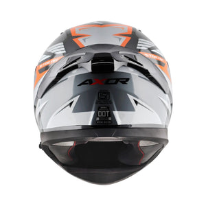 Rear view of Motodrift Axor Apex Streak full-face helmet featuring grey, black, and orange angular graphic design.