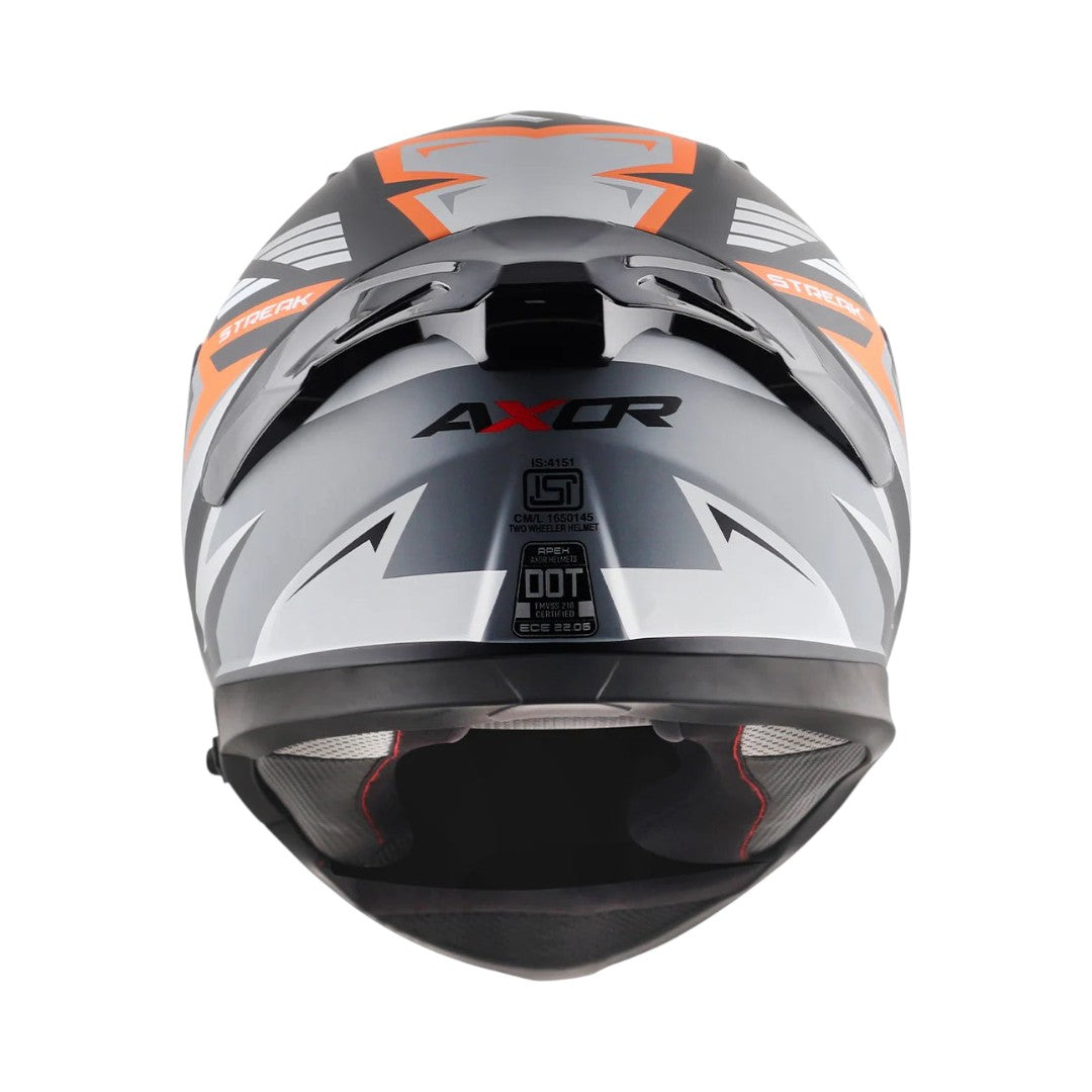 Motodrift Axor Apex Streak full-face helmet in grey and orange with angular graphics, rear view showing ventilation.