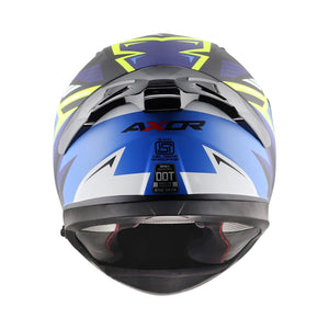 Motodrift Axor Apex Streak full-face helmet in blue, black, and yellow with angular graphic design, rear view