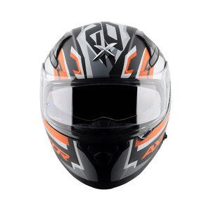 Motodrift Axor Apex Streak full-face motorcycle helmet in black, grey, and orange with futuristic prism graphics.