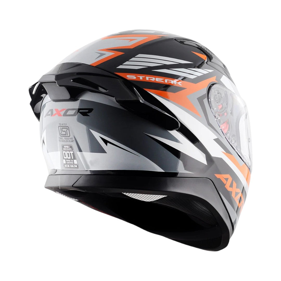 Motodrift Axor Apex Streak full-face motorcycle helmet in black, grey, and orange with futuristic prism graphics