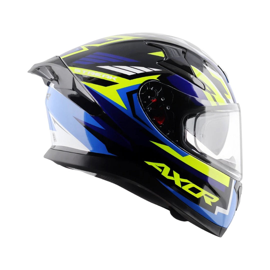 Motodrift Axor Apex Streak full-face motorcycle helmet in black, blue, and neon yellow with angular prism graphics.