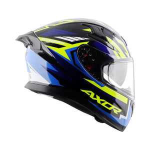 Motodrift Axor Apex Streak full-face motorcycle helmet in black, blue, and neon yellow with angular prism graphics.