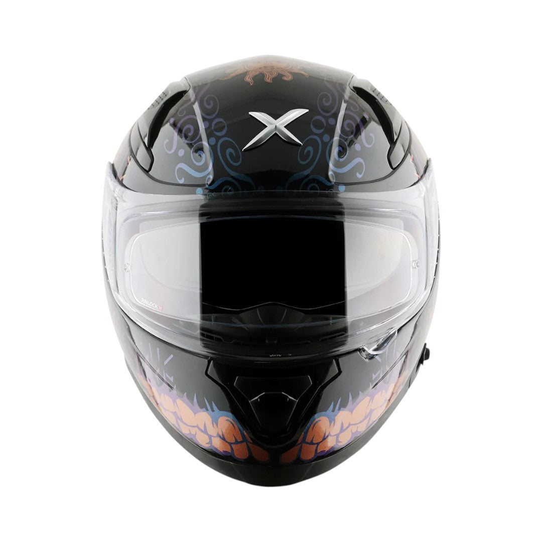 Motodrift Axor Apex Trance full-face helmet in black with vibrant prism graphic, clear visor, and internal sun shield.