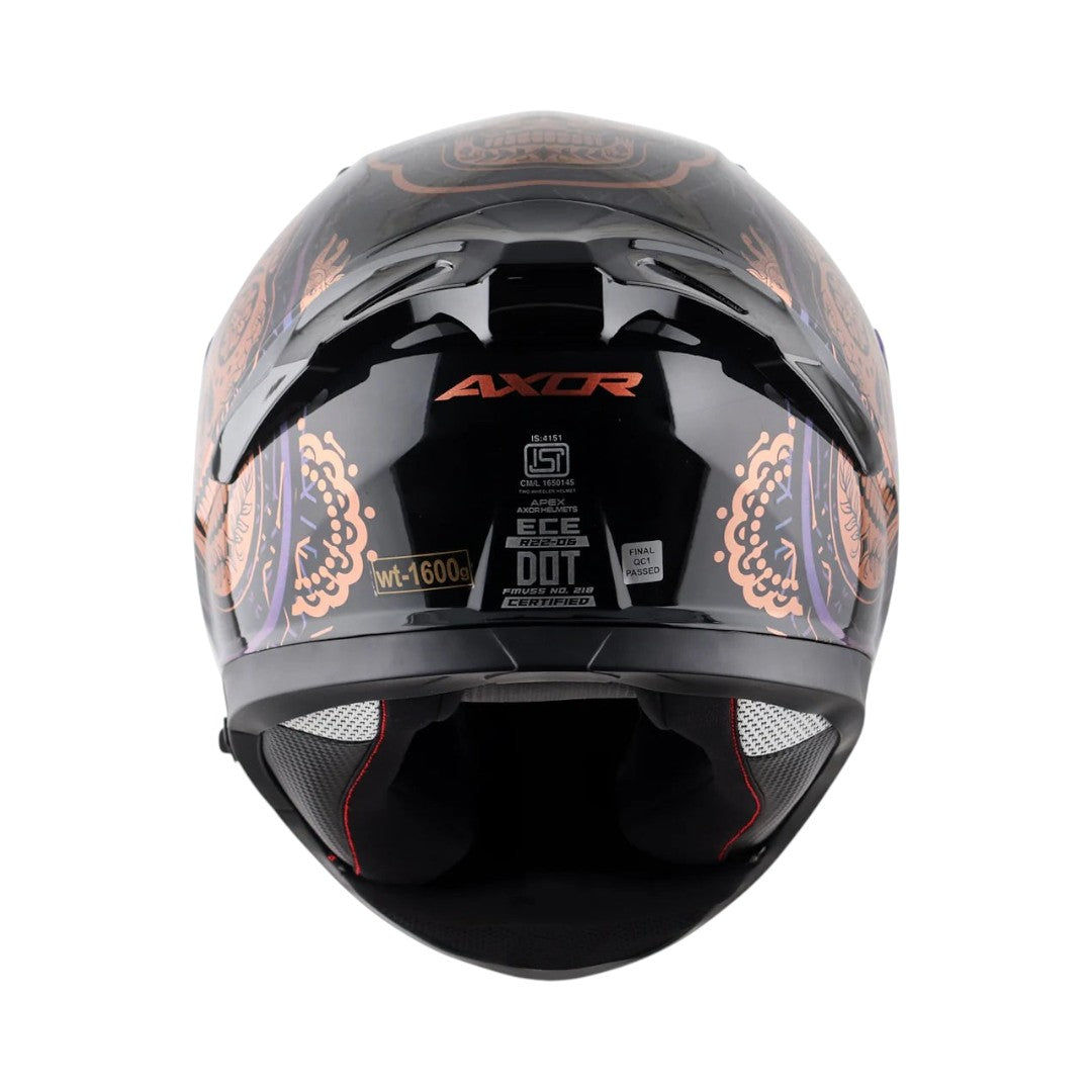 Motodrift Axor Apex Trance full-face helmet rear view featuring black finish with intricate copper graphic detailing