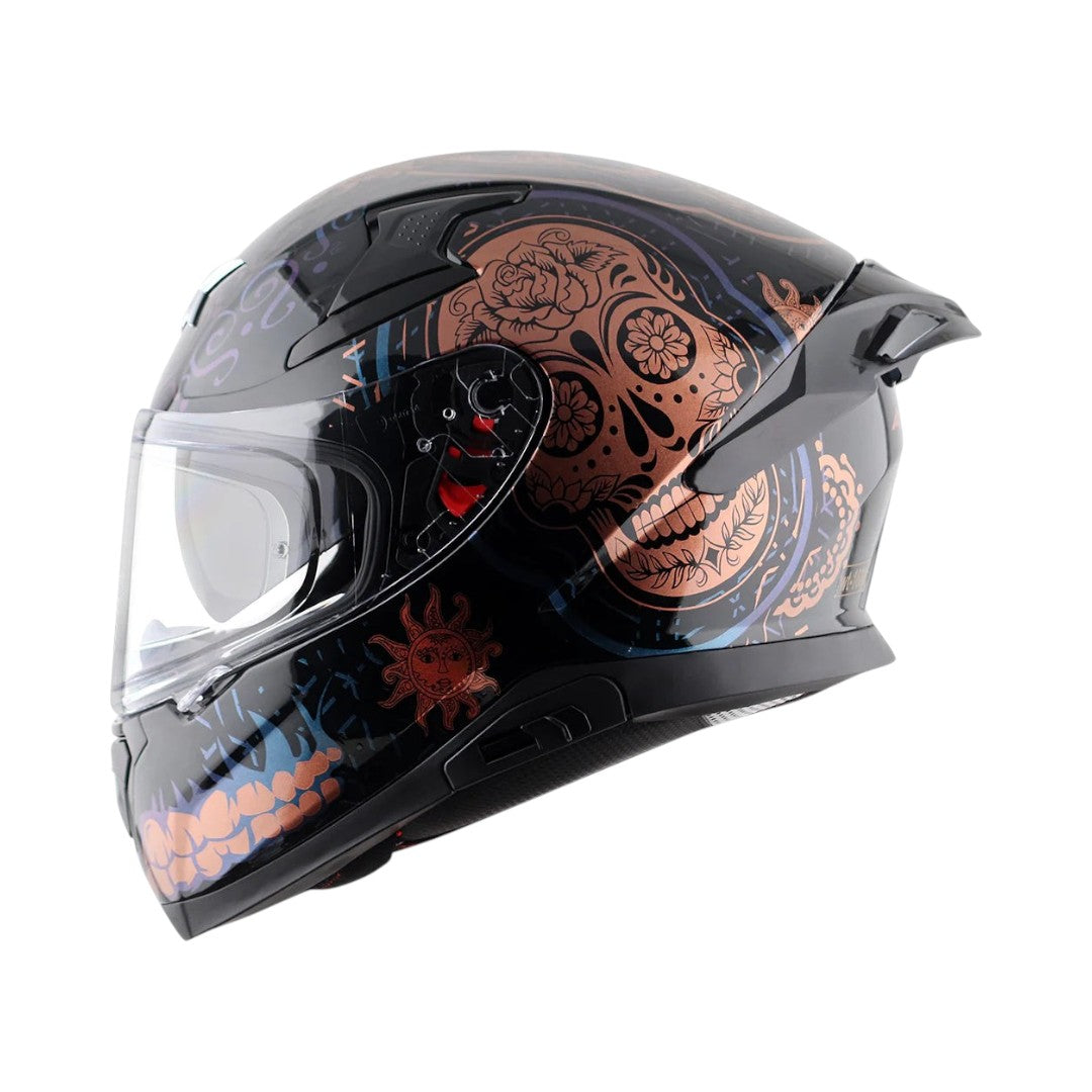 Motodrift Axor Apex Trance full-face helmet in black with copper skull and sun graphic side view