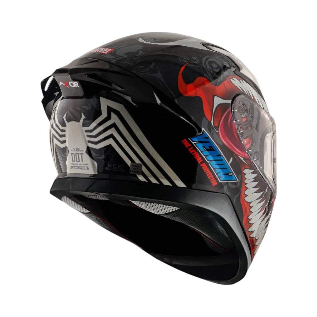 Motodrift Axor Apex Marvel Venom sport touring helmet featuring a black finish with iconic Venom graphics and spoiler