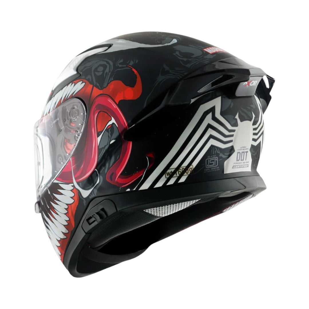 Motodrift Axor Apex Marvel Venom full-face motorcycle helmet with black, white, and red graphic design and rear spoiler
