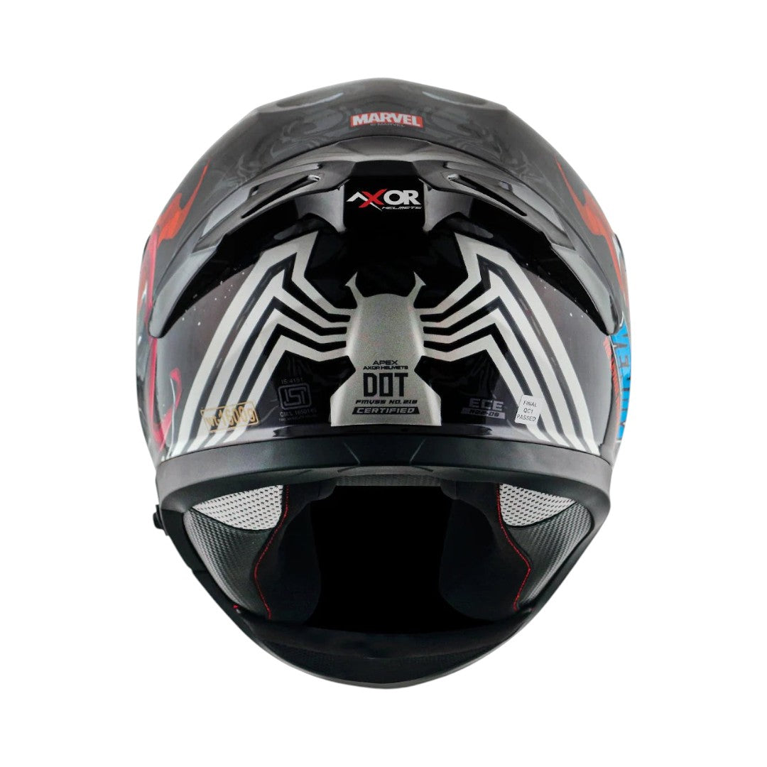 Motodrift Axor Apex Marvel Venom helmet rear view featuring integrated spoiler and safety certification markings