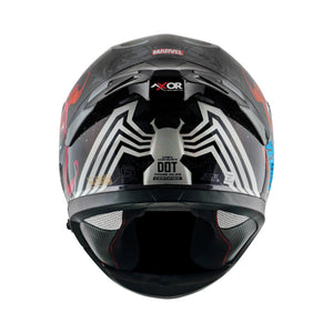 Motodrift Axor Apex Marvel Venom helmet rear view featuring integrated spoiler and safety certification markings