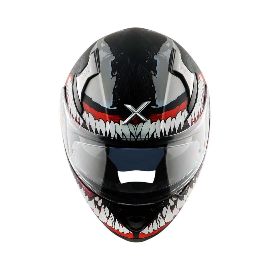 Motodrift Axor Apex Marvel Venom full-face motorcycle helmet with black and white graphic design and clear visor