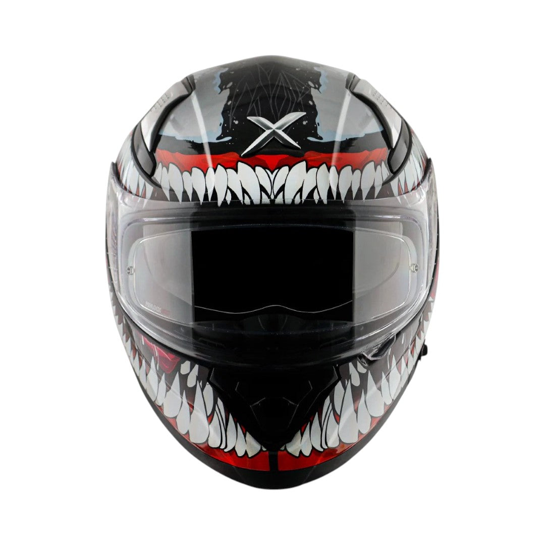 Motodrift Axor Apex Marvel Venom full-face motorcycle helmet with aggressive teeth graphic and clear visor