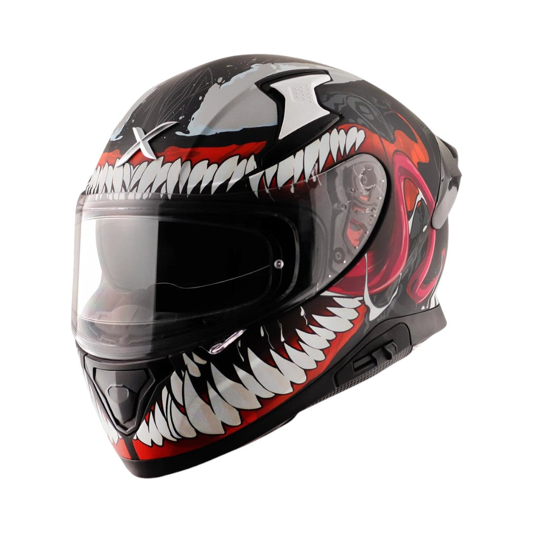 Motodrift Axor Apex Marvel Venom full-face motorcycle helmet with aggressive graphic design and integrated spoiler