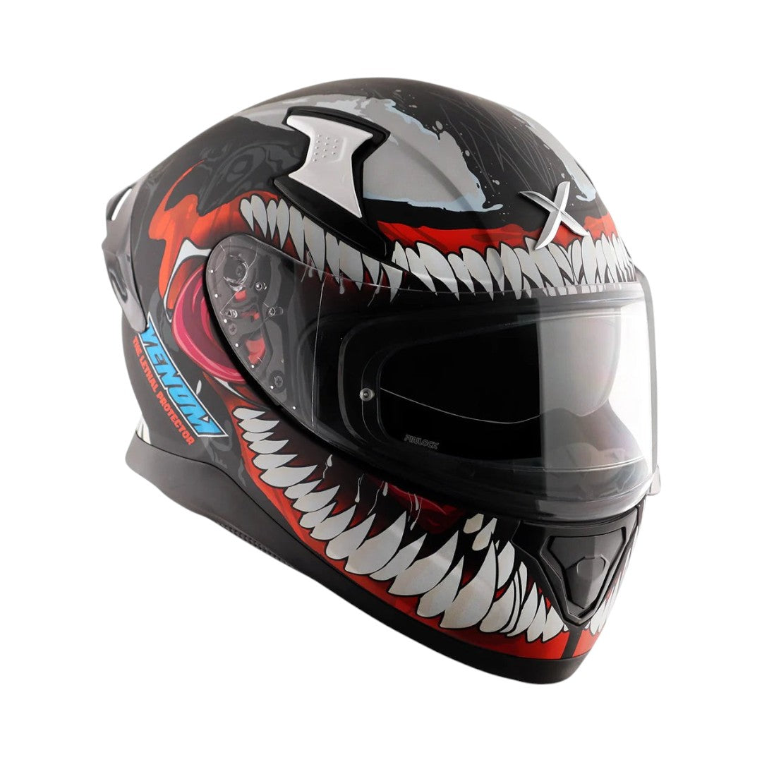 Motodrift Axor Apex Marvel Venom full-face sport touring helmet with aggressive black and red graphic design