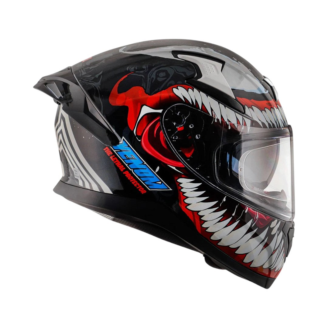 Motodrift Axor Apex Marvel Venom full-face motorcycle helmet with black and red graphic design and integrated spoiler