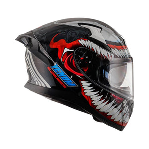 Motodrift Axor Apex Marvel Venom full-face motorcycle helmet with black and red graphic design and integrated spoiler