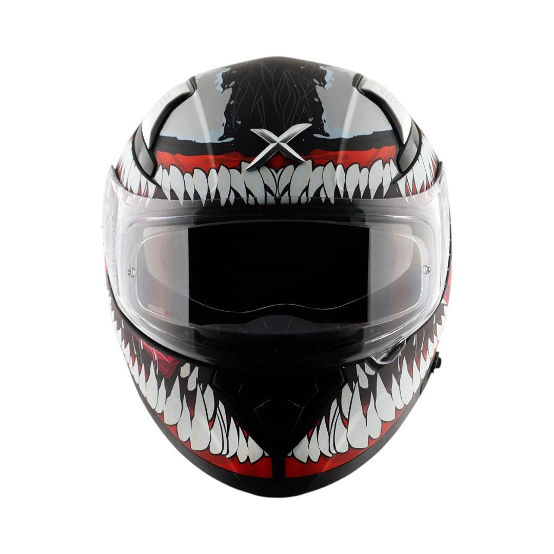 Motodrift Axor Apex Marvel Venom full face motorcycle helmet with black, white, and red graphic design
