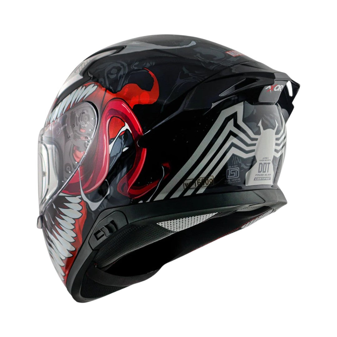 Motodrift Axor Apex Marvel Venom full-face motorcycle helmet with black and red graphic design and rear spoiler