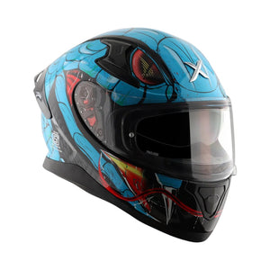Motodrift Axor Apex Venomous full-face motorcycle helmet in blue with aggressive snake graphic and clear visor
