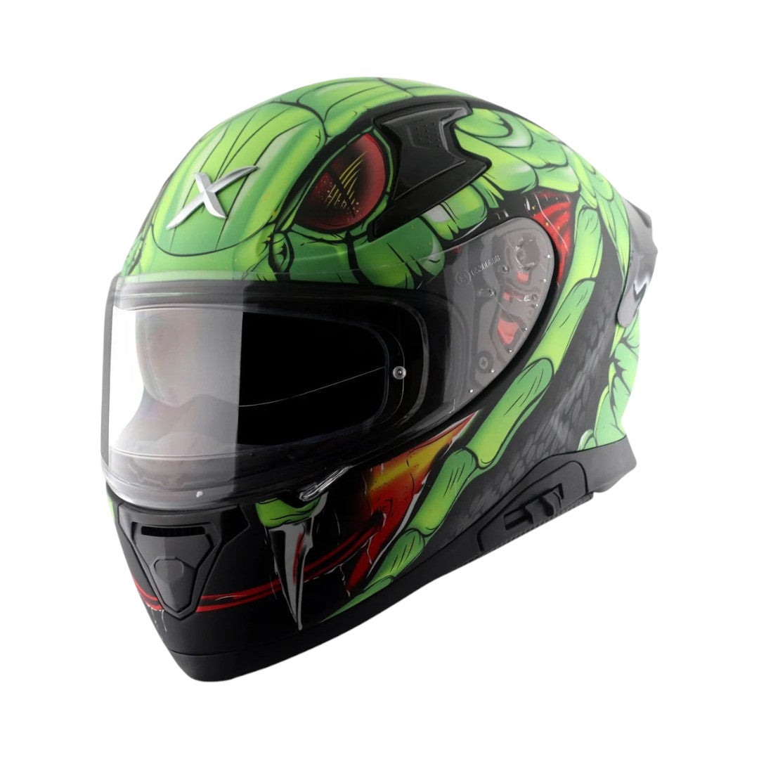 Motodrift Axor Apex Venomous full-face motorcycle helmet in green with aggressive snake graphic and clear visor