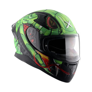 Motodrift Axor Apex Venomous sport-touring helmet in green with aggressive snake-inspired graphic and clear visor