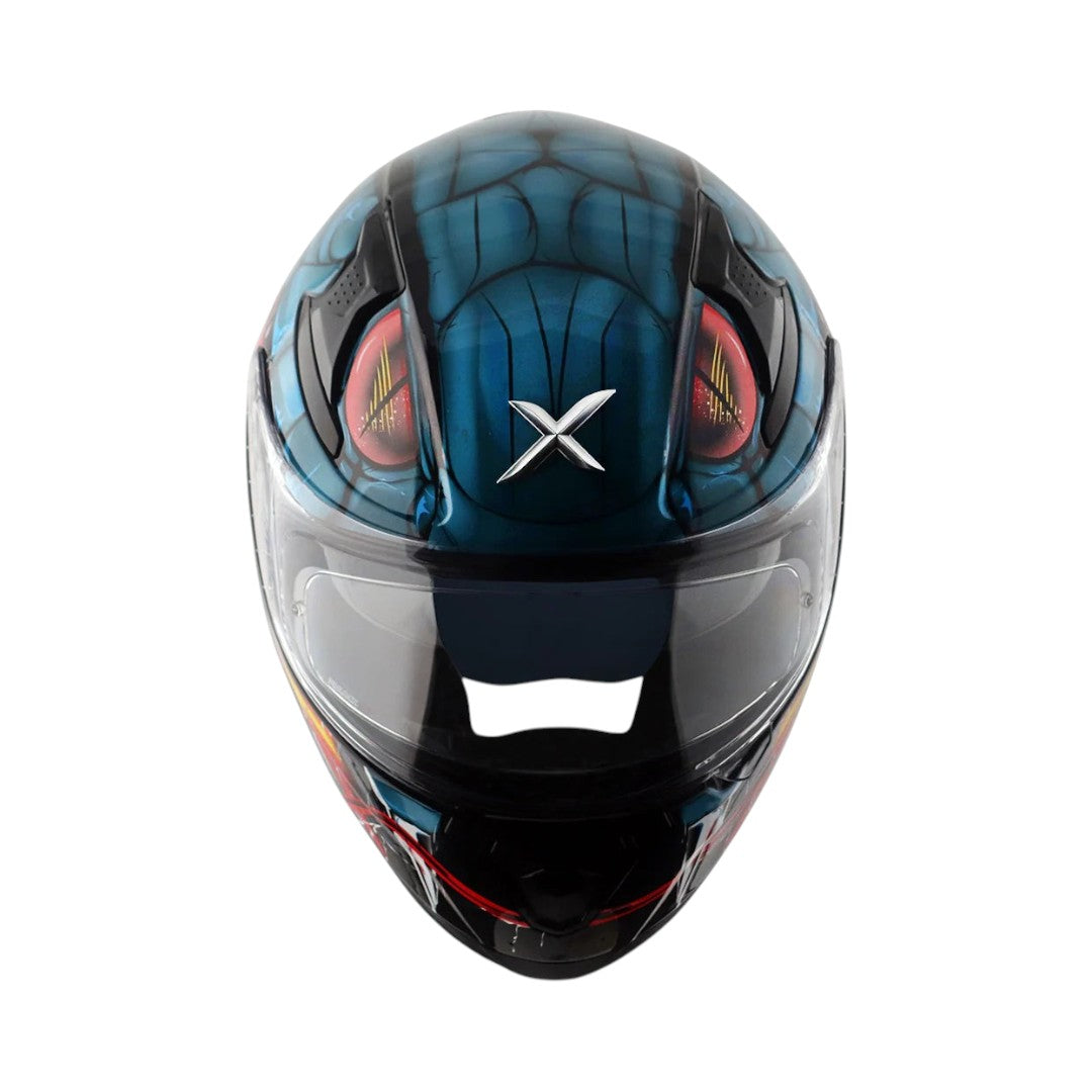 Motodrift Axor Apex Venomous full-face motorcycle helmet with blue graphic design and clear visor, front view