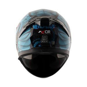Motodrift Axor Apex Venomous sport-touring helmet, rear view showing integrated spoiler and safety certifications.