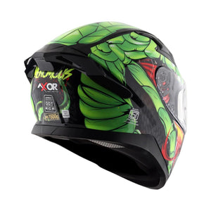 Motodrift Axor Apex Venomous helmet in green and black with an integrated spoiler and detailed snake graphic design.