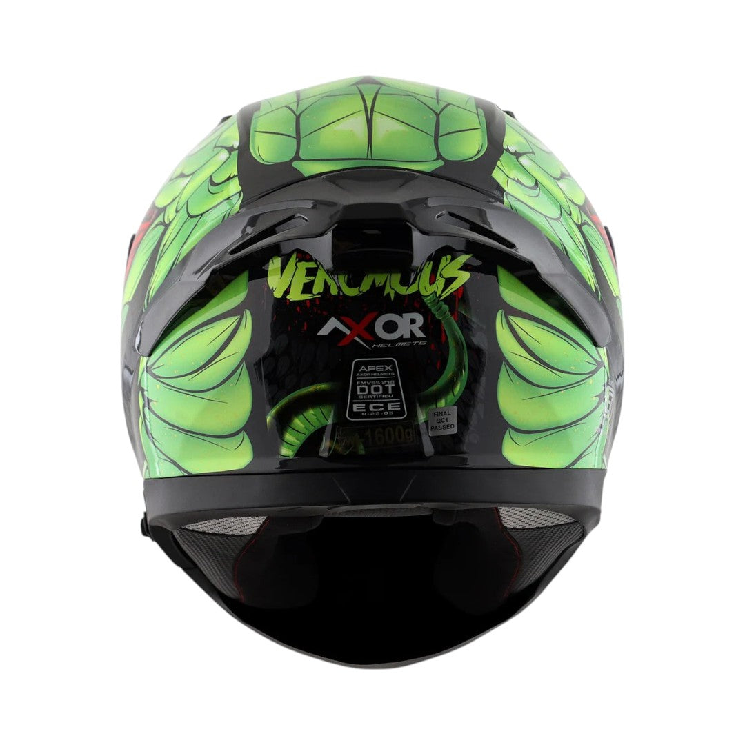Motodrift Axor Apex Venomous helmet rear view featuring green snake-inspired graphics and integrated spoiler