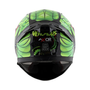 Motodrift Axor Apex Venomous helmet rear view featuring green snake-inspired graphics and integrated spoiler