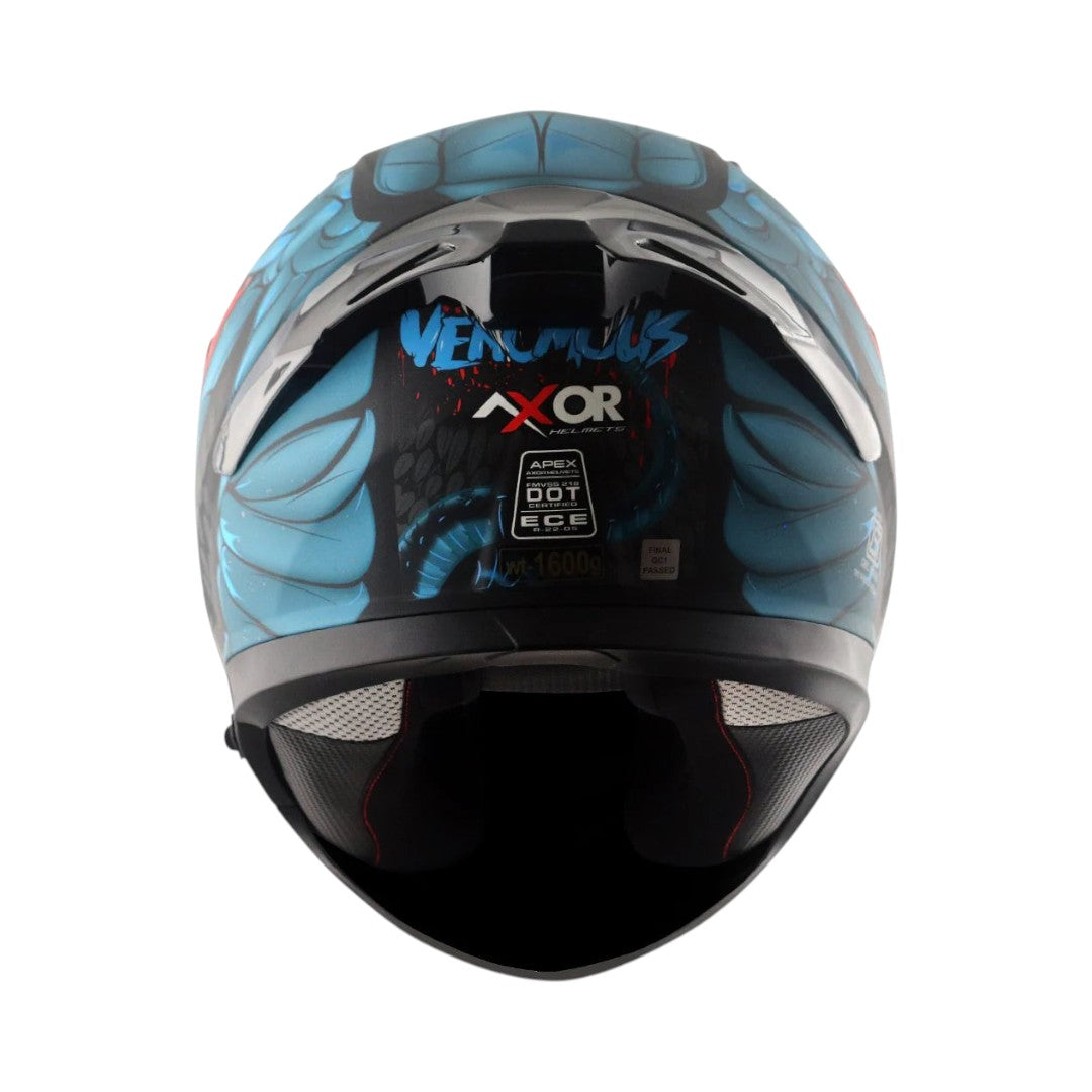 Motodrift Axor Apex Venomous helmet rear view featuring blue graphic design, integrated spoiler, and safety labels.