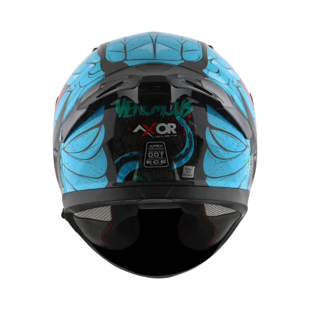 Motodrift Axor Apex Venomous helmet rear view showing blue graphic design, integrated spoiler, and safety labels.