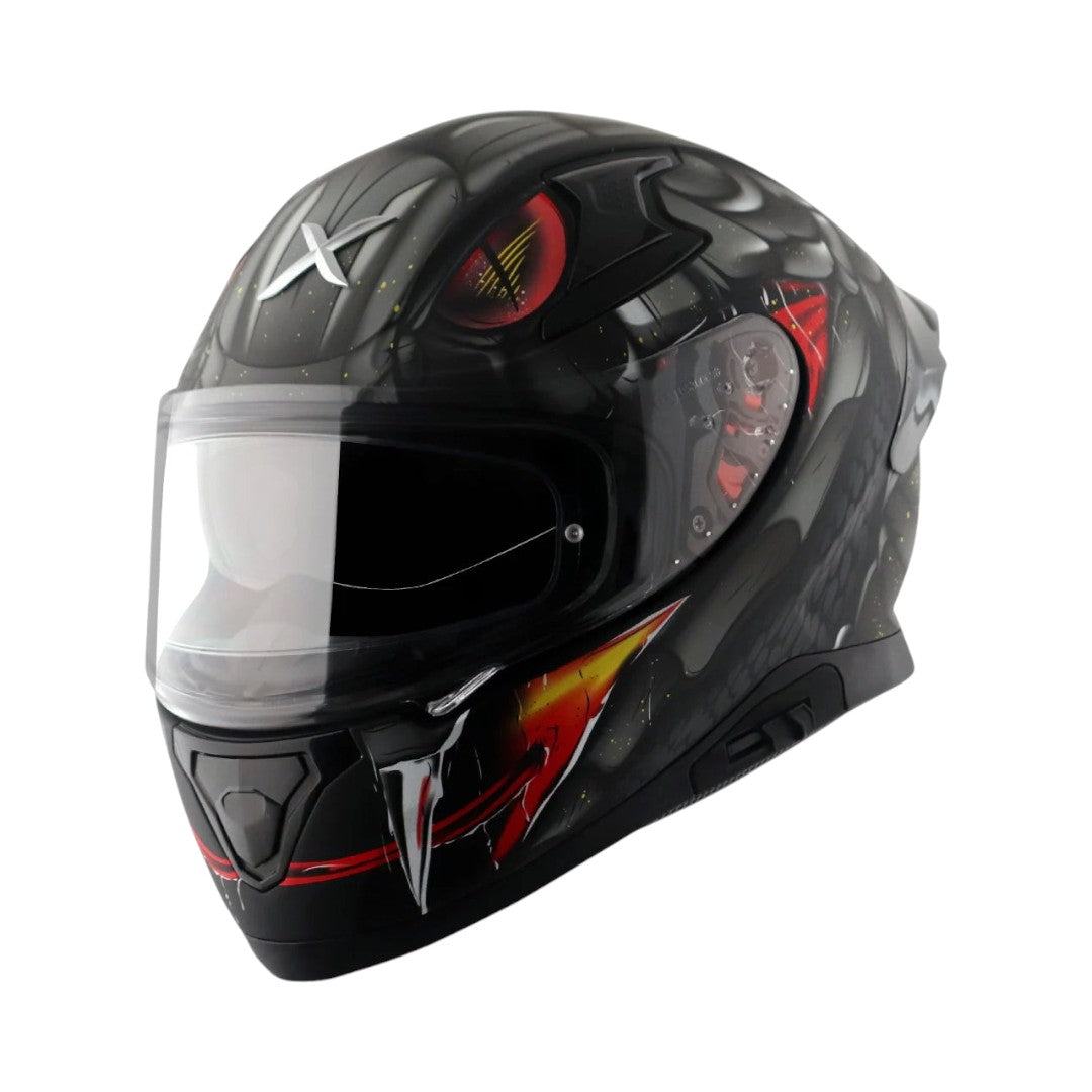 Motodrift Axor Apex Venomous sport-touring helmet in black with aggressive red and yellow graphic details and clear visor