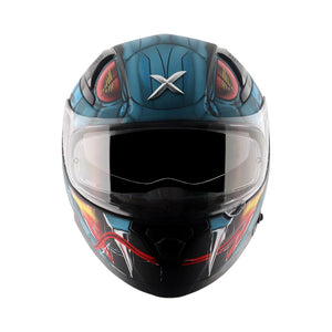Motodrift Axor Apex Venomous helmet with blue and black graphic design, clear visor, and aerodynamic sport-touring style.