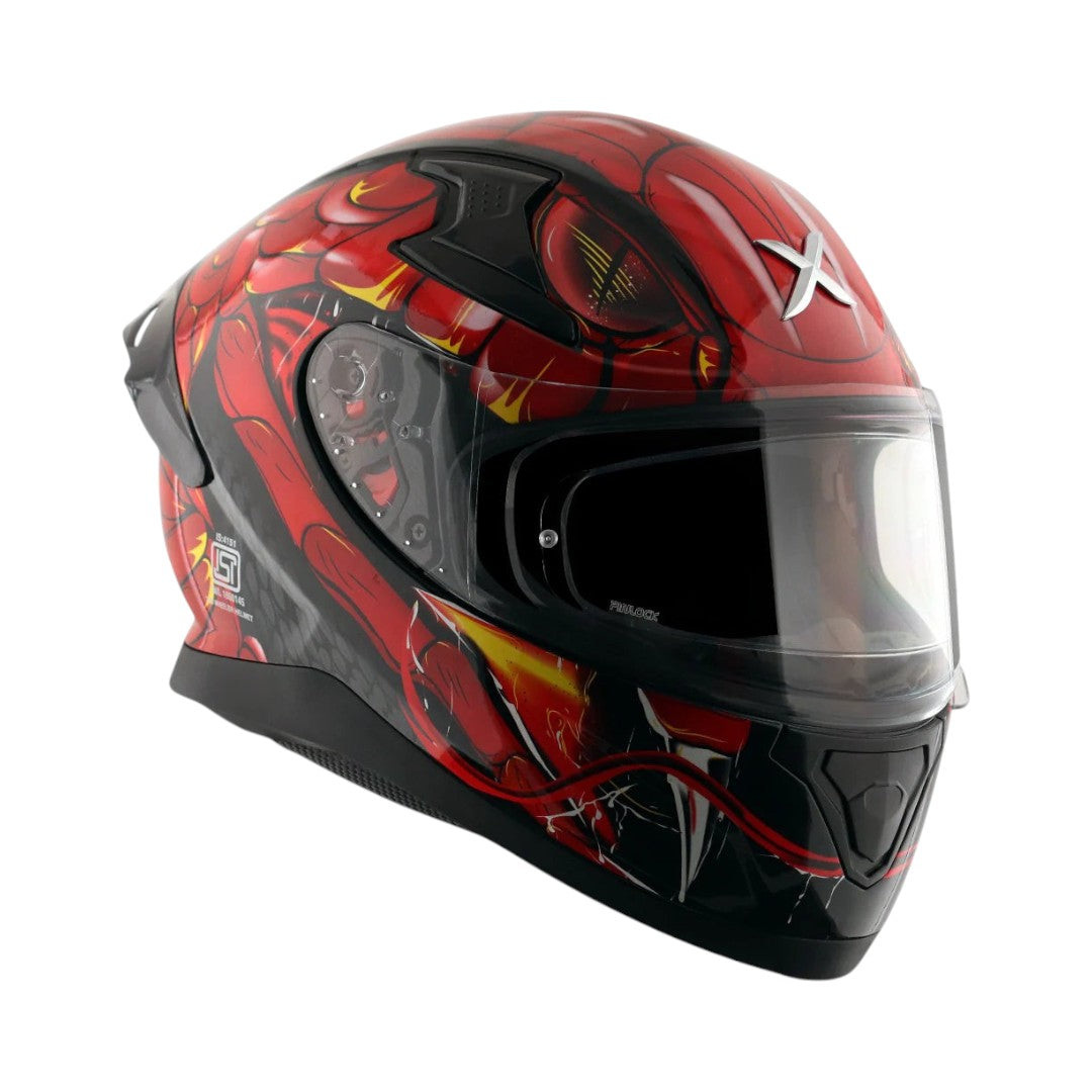 Motodrift Axor Apex Venomous full-face motorcycle helmet in red and black with aggressive graphic design
