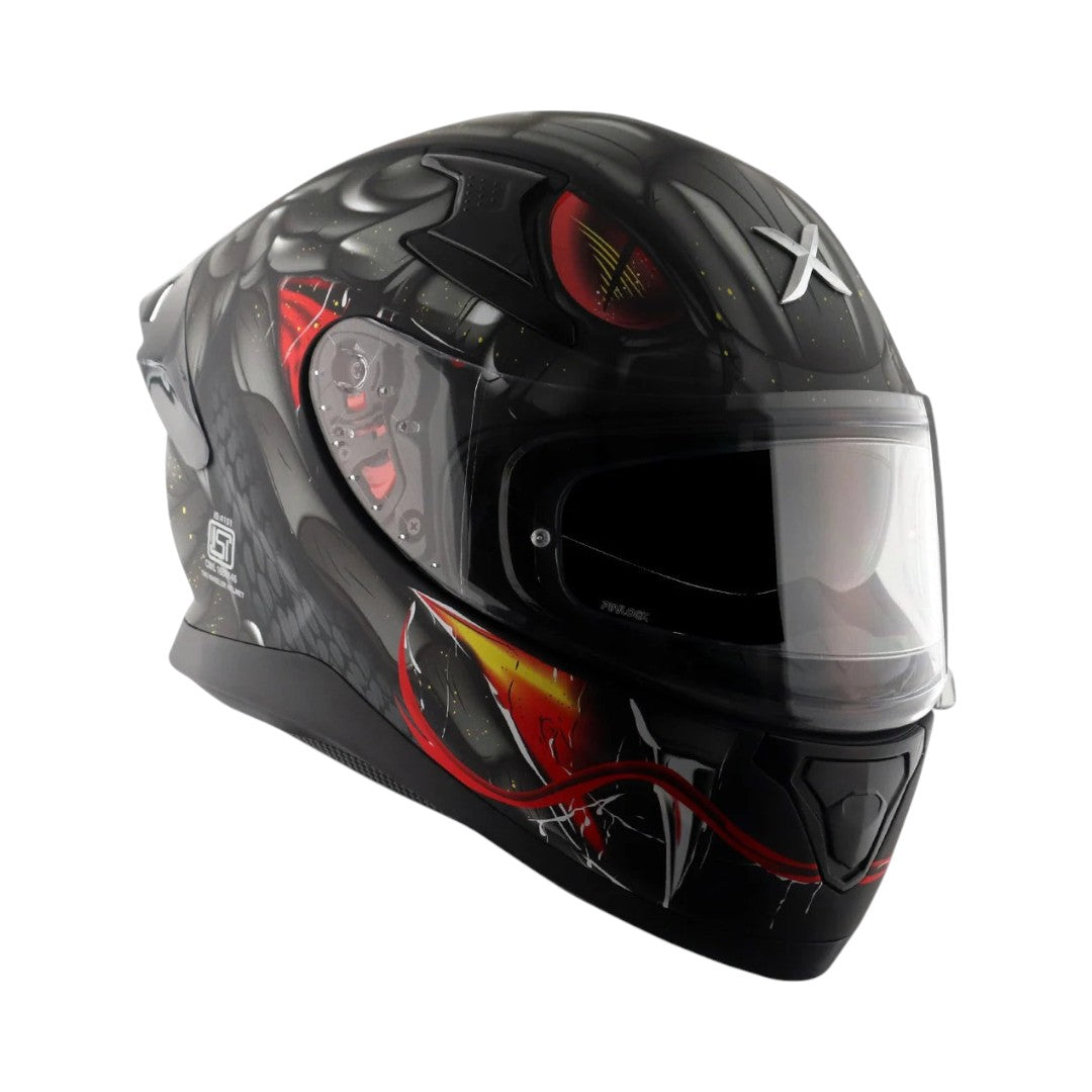 Motodrift Axor Apex Venomous sport-touring helmet in black with red graphic details and integrated spoiler