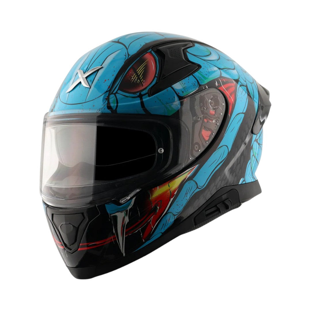 Motodrift Axor Apex Venomous full-face motorcycle helmet in blue with aggressive snake-inspired graphic design.