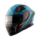 Motodrift Axor Apex Venomous full-face motorcycle helmet in blue with aggressive snake-inspired graphic design.