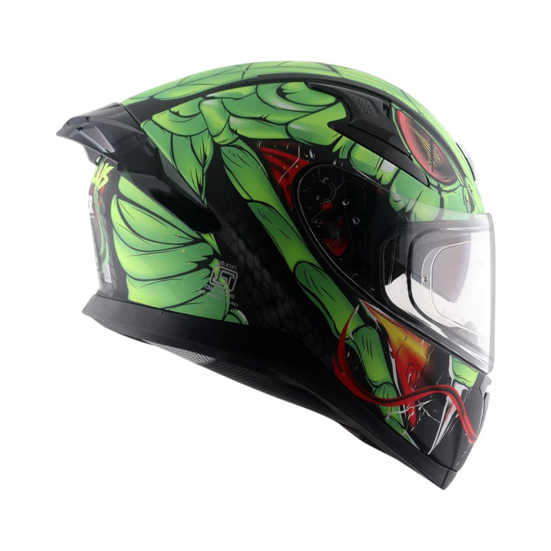 Motodrift Axor Apex Venomous helmet featuring a vibrant green snake graphic, aerodynamic spoiler, and clear visor.