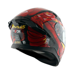 Motodrift Axor Apex Venomous motorcycle helmet in red and black with an integrated spoiler and safety certifications.